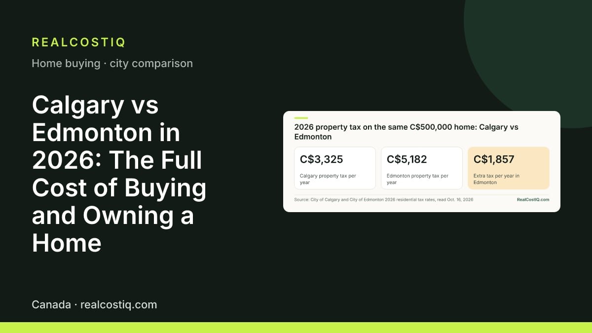 Calgary vs Edmonton in 2026: The Full Cost of Buying and Owning a Home. Three headline numbers: at 2026 residential rates a C$500,000 home pays about C$3,325 a year in Calgary and C$5,182 in Edmonton, a gap of about C$1,857 a year.