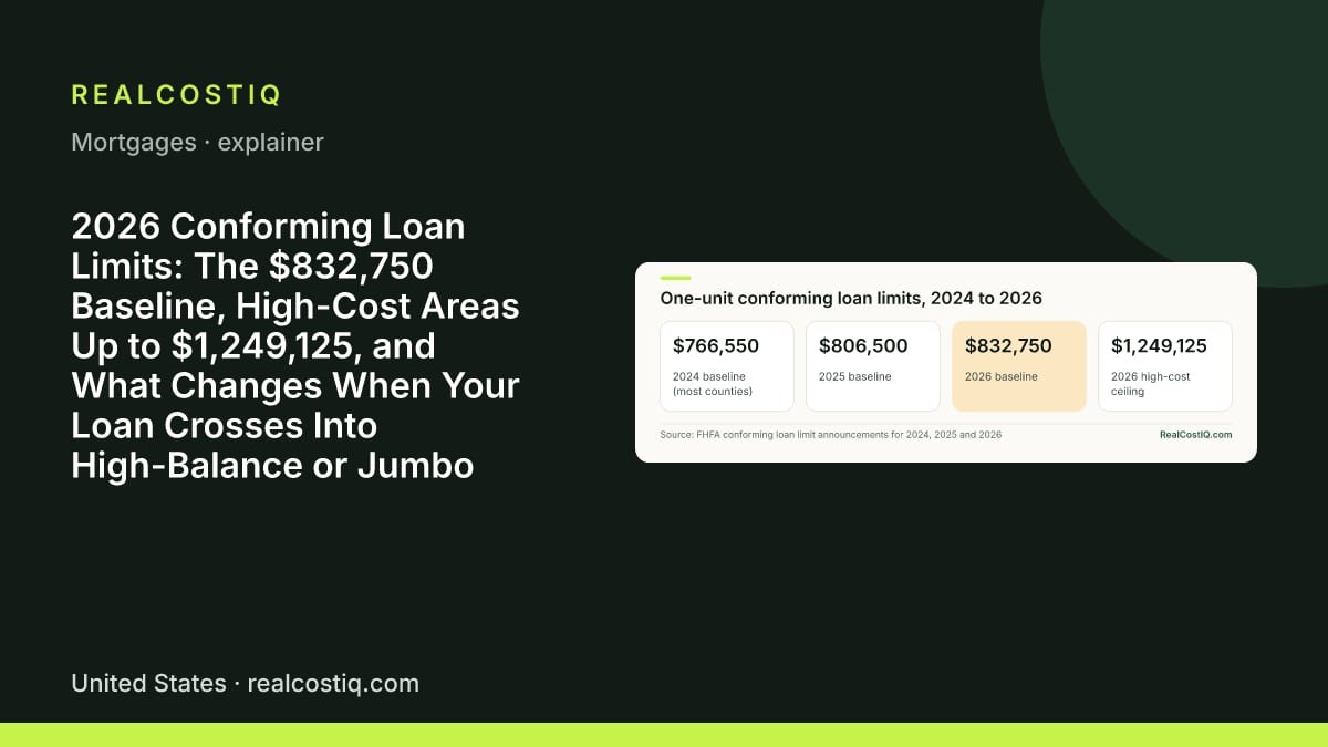 2026 Conforming Loan Limits: The $832,750 Baseline, High-Cost Areas Up to $1,249,125, and What Changes When Your Loan Crosses Into High-Balance or Jumbo. Four cards of FHFA one-unit conforming loan limits: the baseline rose from $766,550 in 2024 to $806,500 in 2025 and $832,750 in 2026, with a 2026 high-cost ceiling of $1,249,125.