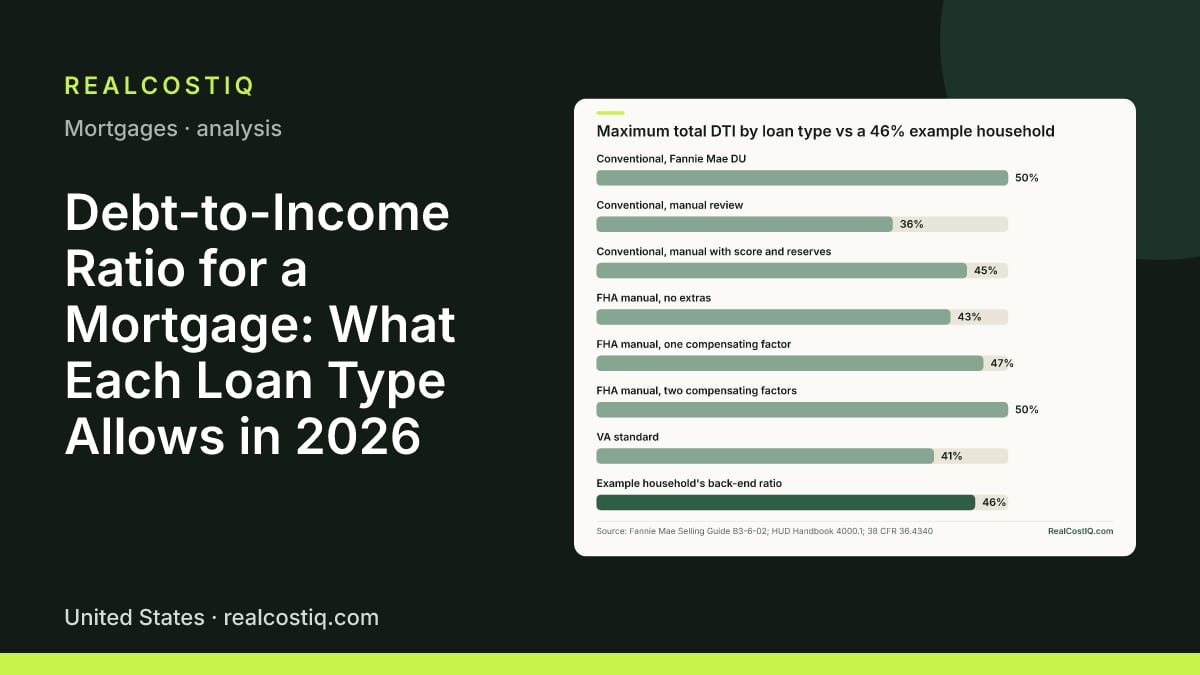 Debt-to-Income Ratio for a Mortgage: What Each Loan Type Allows in 2026. Bar chart of base total debt-to-income limits: Fannie Mae DU allows 50%, manual review 36% to 45%, FHA manual 43% to 50% with extras, and VA 41%, against the example household's 46%.