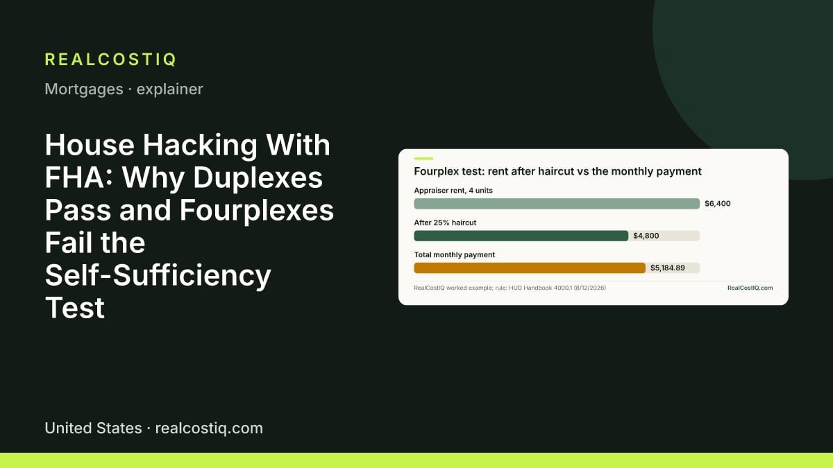 House Hacking With FHA: Why Duplexes Pass and Fourplexes Fail the Self-Sufficiency Test. Bar chart: appraiser rent of $6,400 for four units falls to $4,800 after the 25 percent haircut, which is below the $5,184.89 monthly payment, so the FHA self-sufficiency test fails at 108 percent.