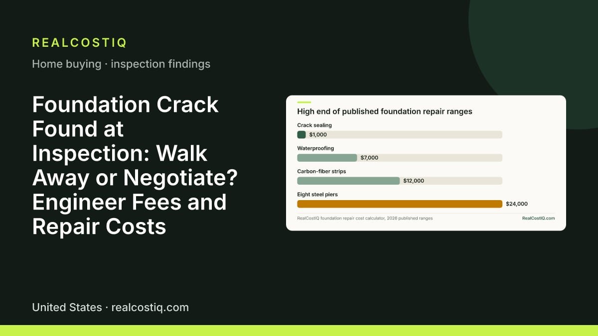 Foundation Crack Found at Inspection: Walk Away or Negotiate? Engineer Fees and Repair Costs. Bar chart of the high end of published repair costs: crack sealing $1,000, waterproofing $7,000, carbon-fiber wall strips $12,000, and eight steel piers $24,000. Bigger scope means much bigger bills.