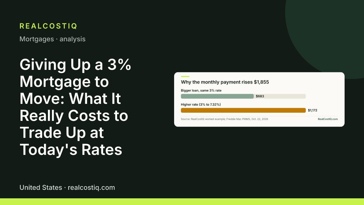 Giving Up a 3% Mortgage to Move: What It Really Costs to Trade Up at Today's Rates. Bar chart splitting a $1,855 monthly payment increase: $683 from borrowing more for the bigger home and $1,172 from the higher 7.32 percent rate instead of 3 percent.