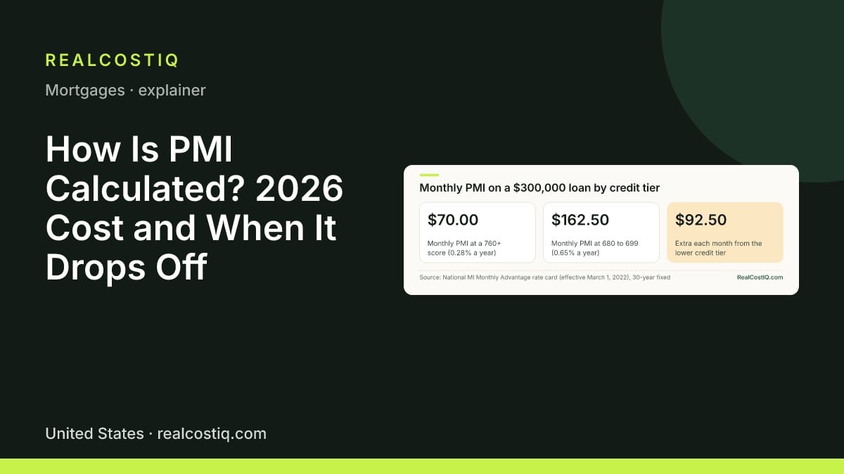 How Is PMI Calculated? 2026 Cost and When It Drops Off. Three cards for PMI on a $300,000 loan at 90% LTV on one insurer's 2022 card: $70.00 a month at a 760+ score, $162.50 at 680 to 699, a gap of $92.50 a month from credit alone.