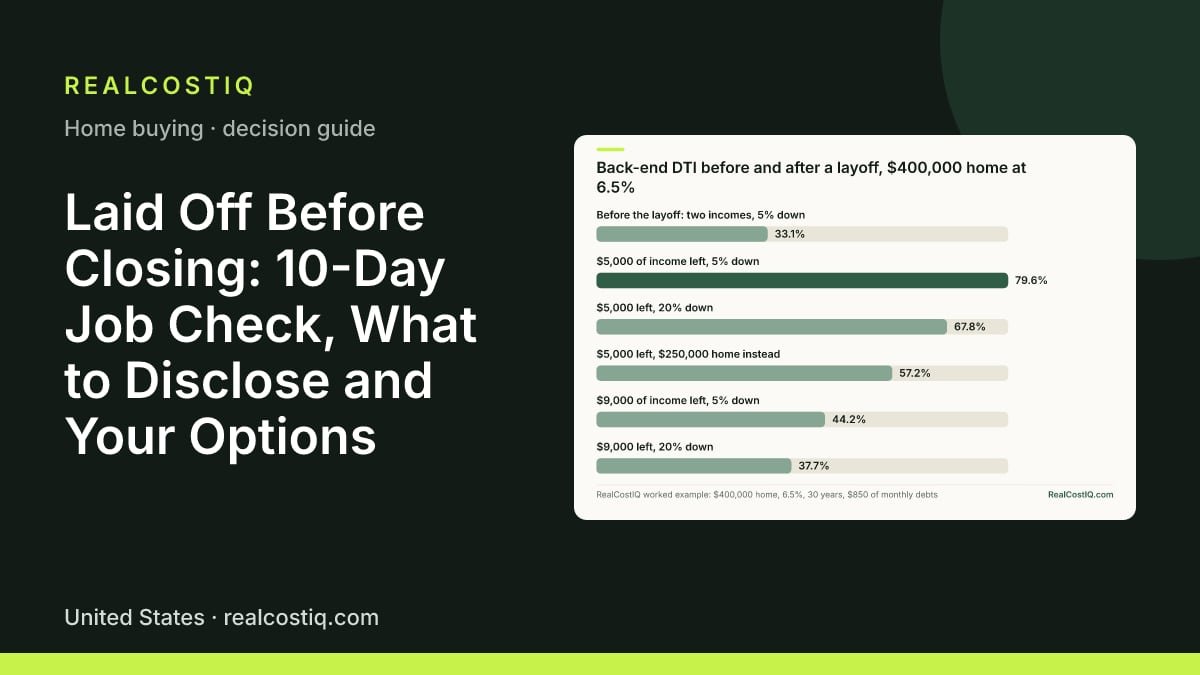 Laid Off Before Closing: 10-Day Job Check, What to Disclose and Your Options. Bar chart: a hypothetical household's debt-to-income ratio jumps from 33.1% to 79.6% after losing $7,000 of monthly income; even 20% down or a $250,000 home leaves it above 57%.