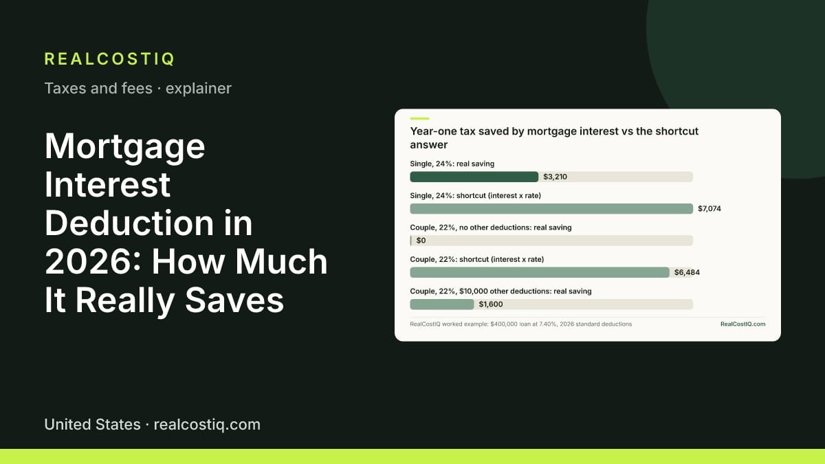 Mortgage Interest Deduction in 2026: How Much It Really Saves. Bar chart: on $29,474 of year-one interest, a single filer at 24% really saves $3,210, not the $7,074 shortcut; a couple with no other deductions saves $0, not $6,484.