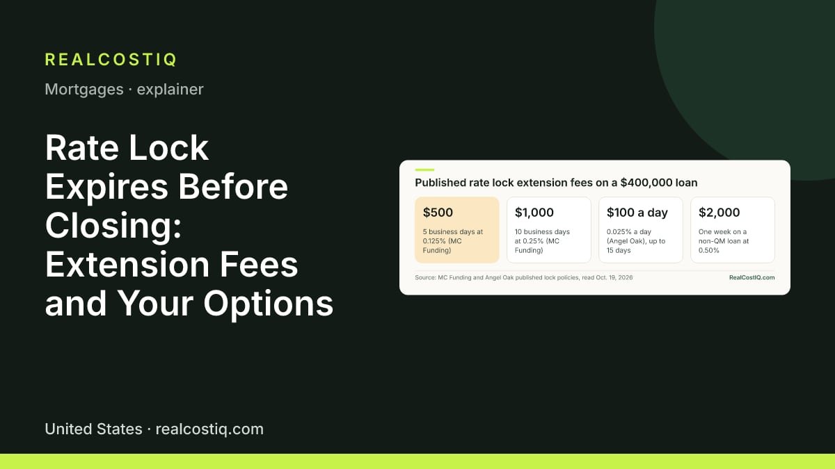 Rate Lock Expires Before Closing: Extension Fees and Your Options. Four cards from two lenders' published policies: a 5-day extension costs $500, 10 days costs $1,000, Angel Oak charges $100 a day, and a non-QM week costs $2,000 on $400,000.