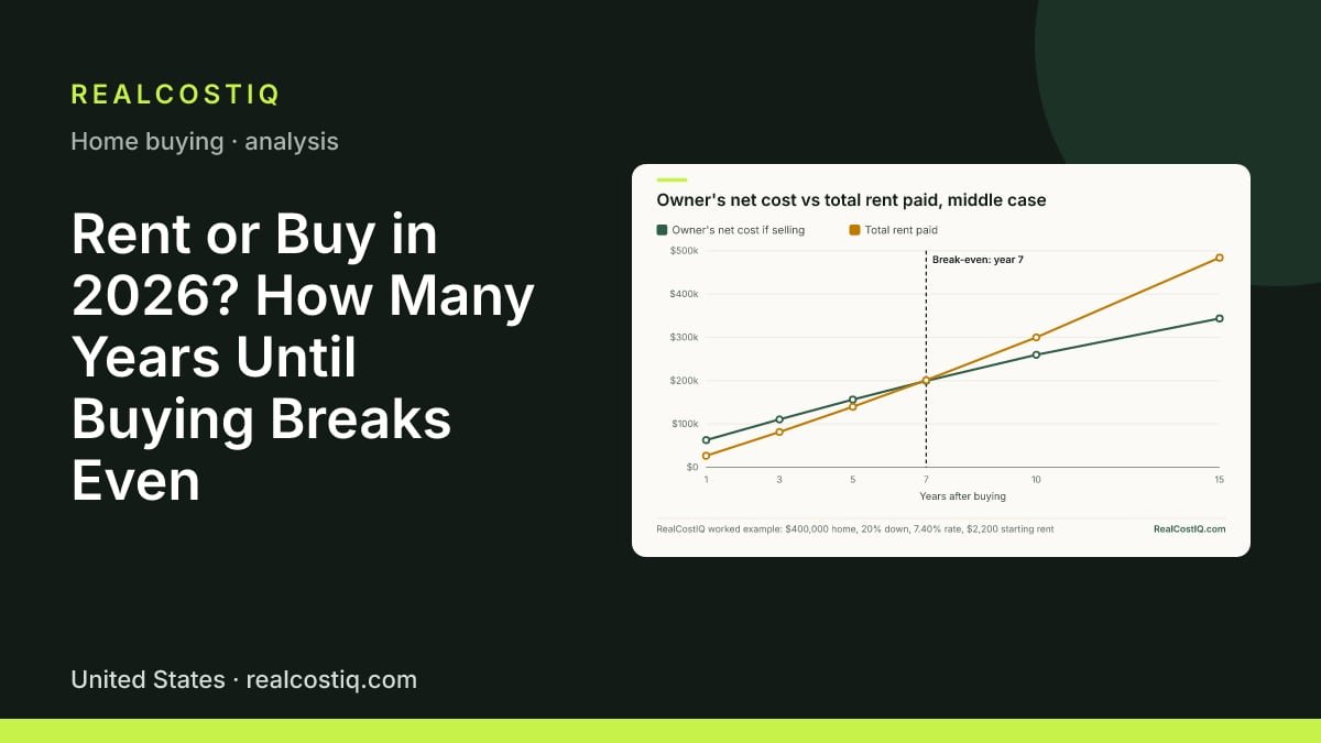 Rent or Buy in 2026? How Many Years Until Buying Breaks Even. Line chart: the owner's net cost starts far above total rent paid, the gap shrinks every year, and the lines cross at year 7; by year 15 the owner is $140,232 ahead.