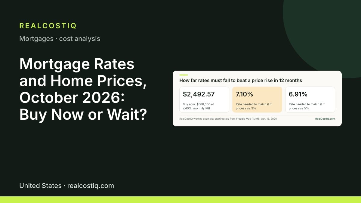 Mortgage Rates and Home Prices, October 2026: Buy Now or Wait?. Three cards: buying now costs $2,492.57 a month; if prices rise 3% the rate must fall to about 7.10% to match it, and if they rise 5% it must fall to about 6.91%.