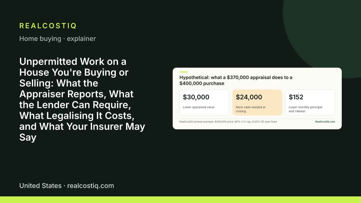Unpermitted Work on a House You're Buying or Selling: What the Appraiser Reports, What the Lender Can Require, What Legalising It Costs, and What Your Insurer May Say. Three headline numbers: when uncredited finished space drops the appraisal by $30,000, the 80% loan shrinks and the buyer needs $24,000 more cash, while the monthly payment falls only $152.